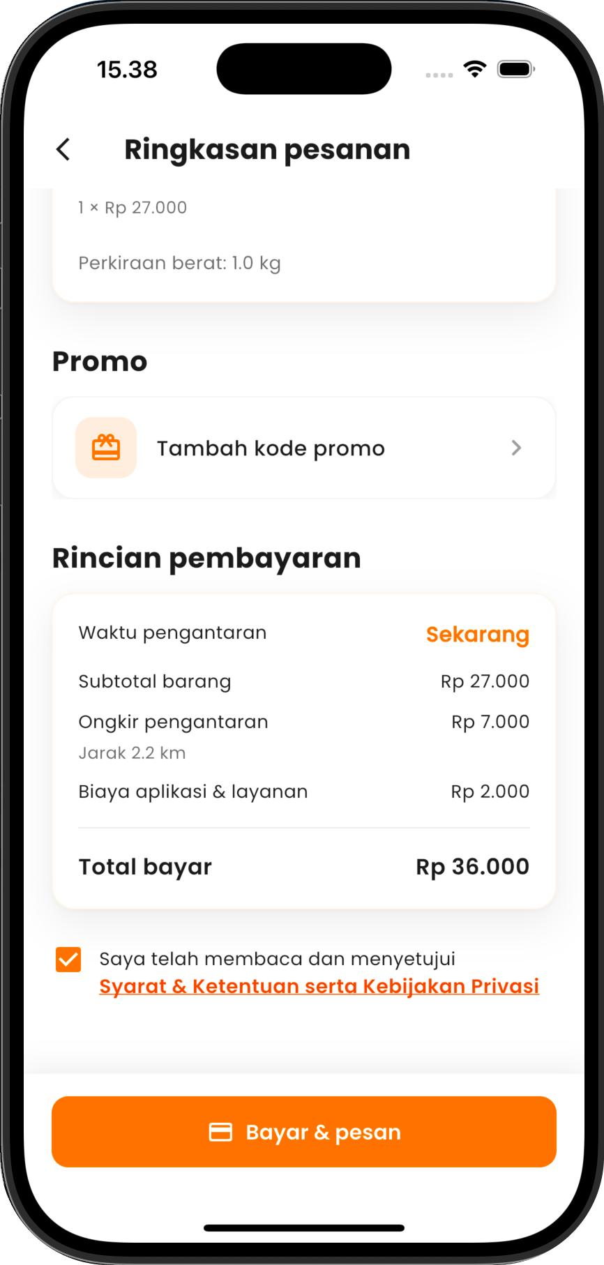 Ringkasan pesanan dan ongkir di Mlanjoo